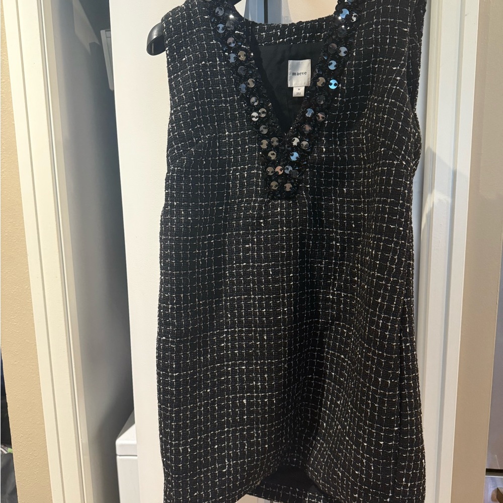 Maeve Black and White Tweed Dress with Embellished Neckline